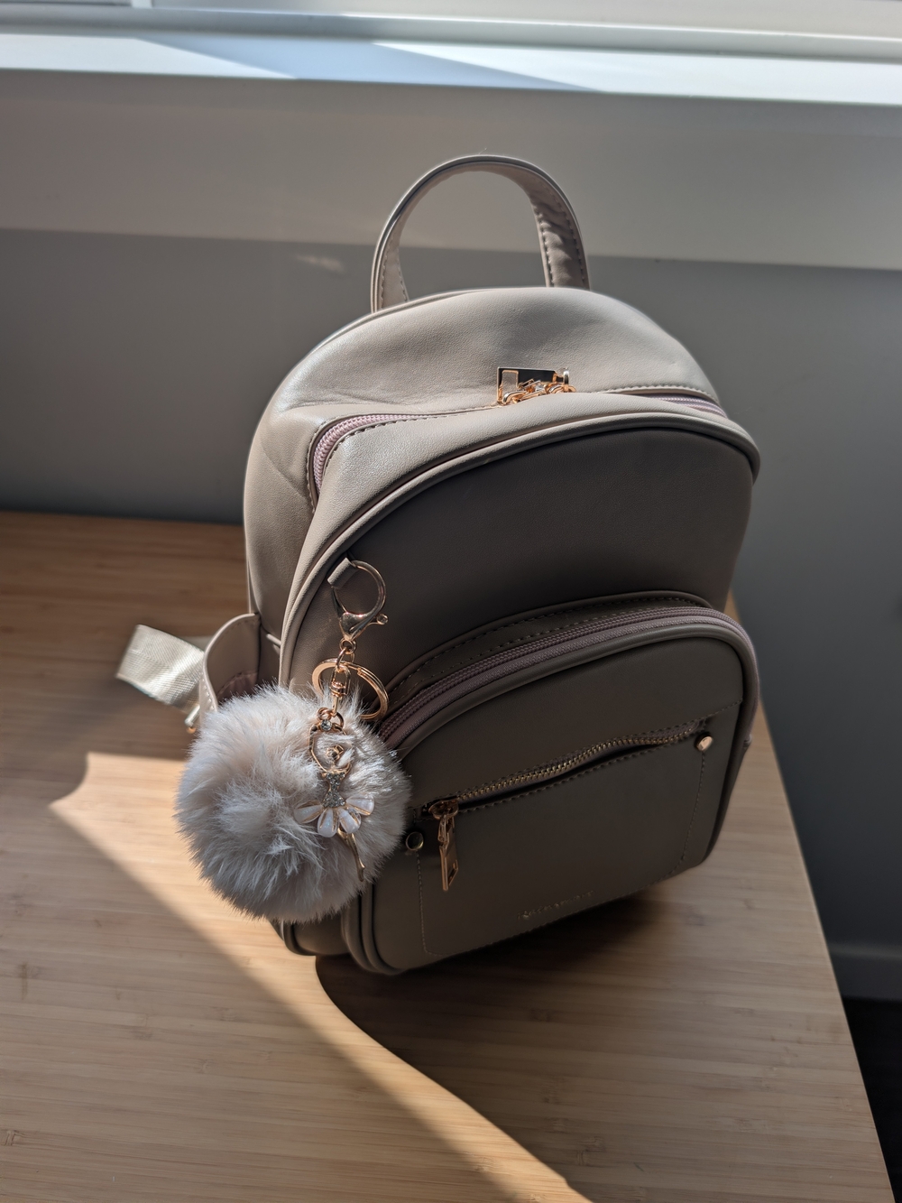 Taupe Mini Backpack with Faux Fur Charm